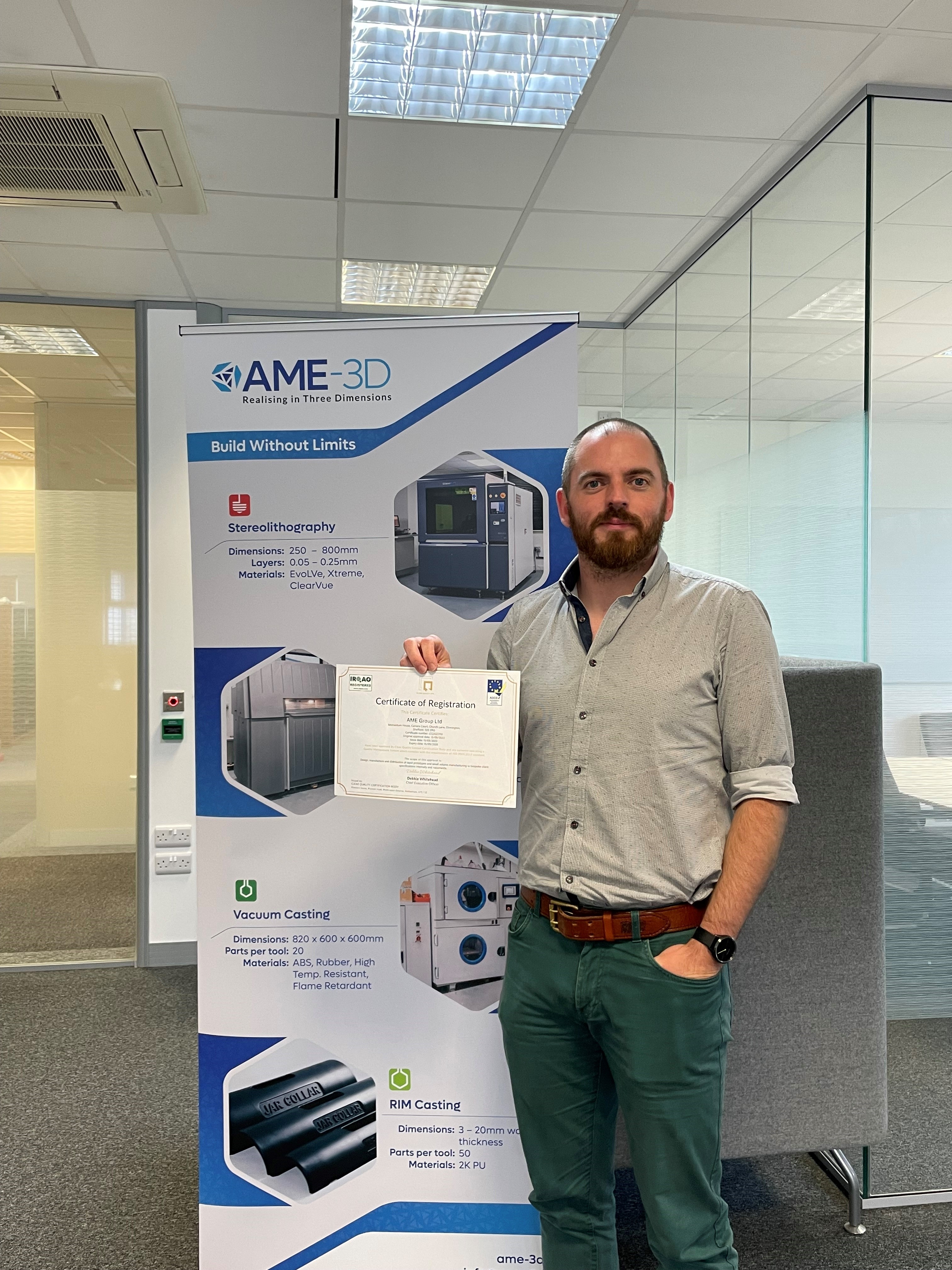 AME-3D are now an ISO 9001:2015 Certified Manufacturer